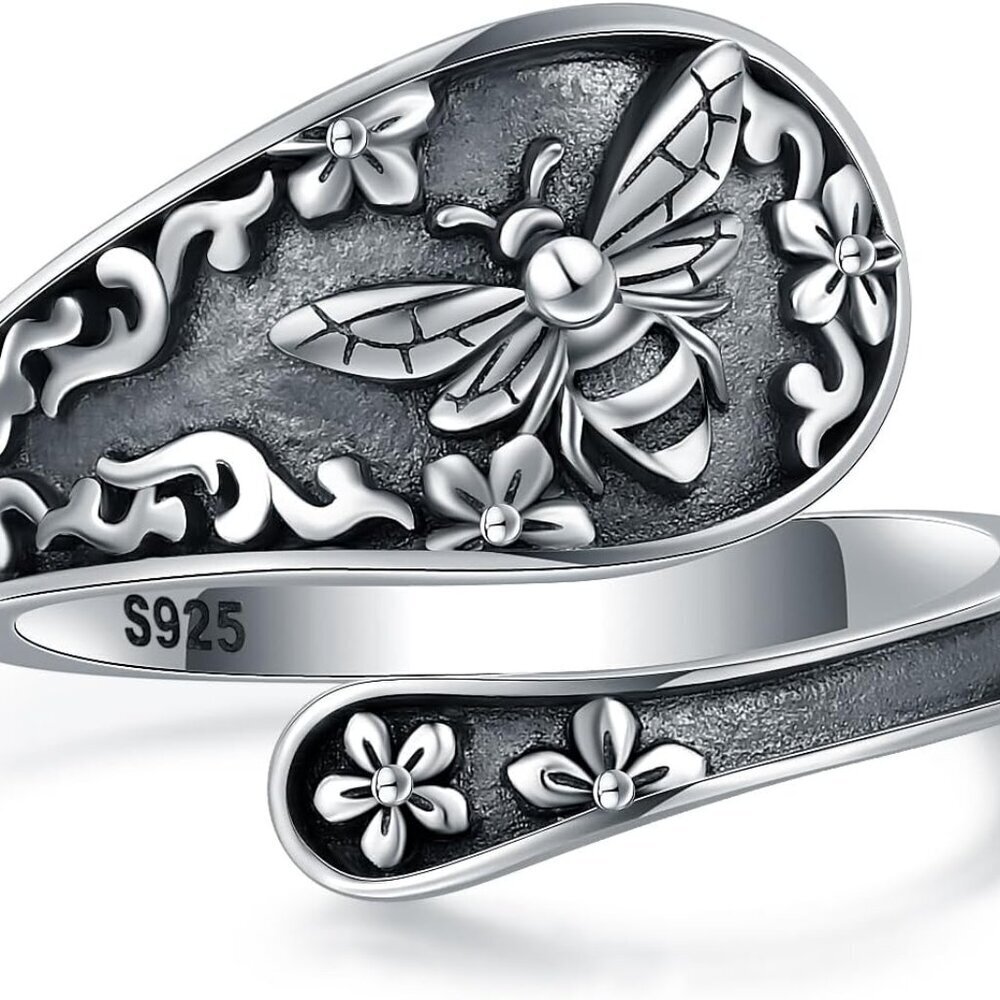 Sterling Silver Adjustable Vintage Spoon Ring Women Bee Sunflower Gift - Picture 1 of 5